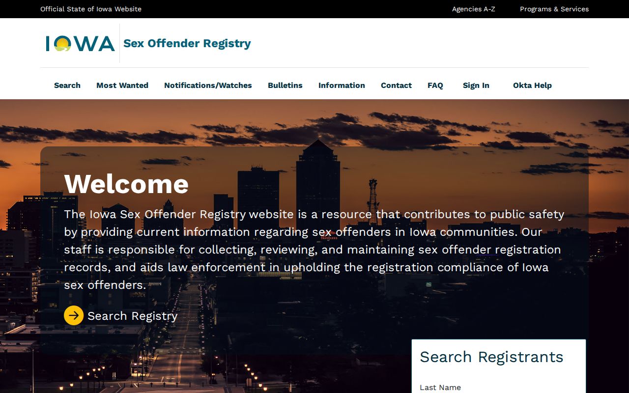 Mitchell County sex offender lookup on the Iowa registry search screen
